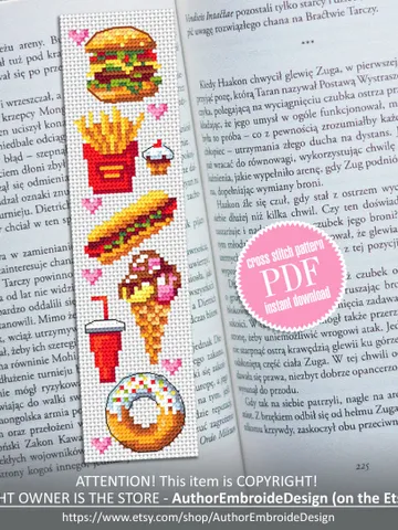 Fast food bookmark cross stitch pattern download PDF Simple handmade bookmark digital PDF, Food cross stitch chart, Small hamburger #B106 $4.40