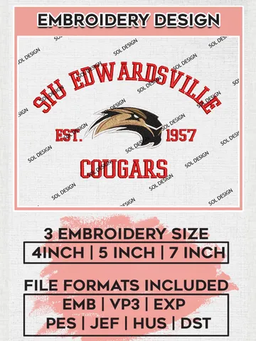 SIU Edwardsville Cougars Est 1957 Embroidery Designs, NCAA SIU Edwardsville Cougars Team Embroidery, NCAA Team Logo, 3 sizes, Machine embroidery Files, Digital Download $6.99