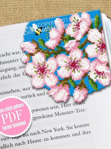 Cherry blossom Corner bookmark cross stitch pattern PDF download Spring flowers cross stitch chart, Sakura bookmark pattern digital #B439 $4.10