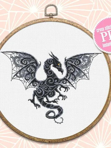 Dragon cross stitch pattern download PDF Fantasy animal cross stitch chart, Dragon embroidery PDF, Blackwork patterns, Gothic home decor #D8 $4.95