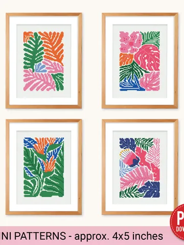 Bundle of 4 mini contemporary Plants Cross stitch patterns Flower Abstract floral beginner counted modern chart DIY embroider instant PDF $10.00