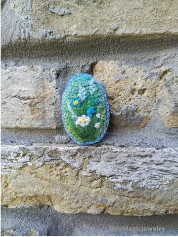 Crocheted Mohair Brooch with Embroidered Wildflowers