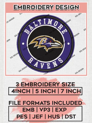 NFL Baltimore Ravens Circle Logo Embroidery Design Files, NFL Ravens, NFL Embroidery Designs, NFL Baltimore Ravens Machine Embroidery Design, Digital Download