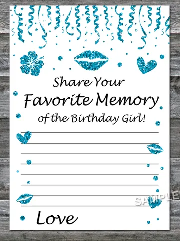 Blue glitter Favorite Memory of the Birthday Girl,Adult Birthday party game-fun games for her-Instant download $1.75