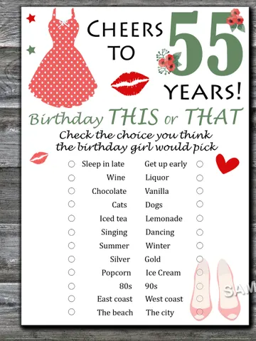 55th Birthday This or that game,Adult Birthday party game-fun games for her-Instant download $1.75