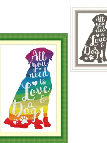 Dog silhouette All you need is love and a dog cross stitch pattern Simple modern counted cross stitch Easy one color and rainbow chart