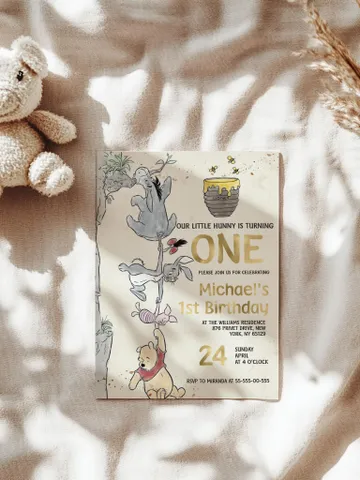 Winnie the Pooh Inspired First Birthday; Classic Winnie Pooh Invitations; Neutral Winnie Pooh Turning One; Winnie Pooh Birthday Party Theme $12.78