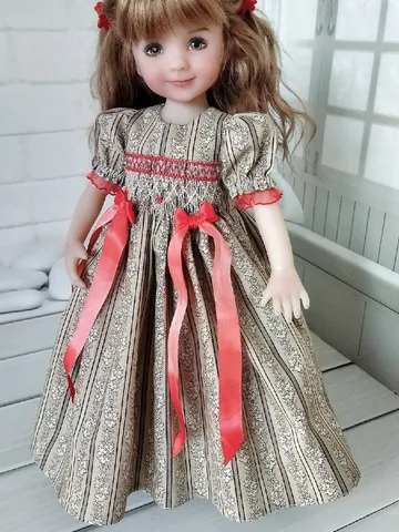 Smocked dress with hand embroidery for Little Darling dolls in brown tones $85.00