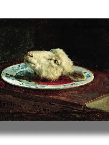 Bloody lamb's head on a platter. Blood Sacrifice artwork. $21.00