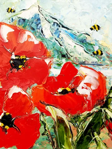 Poppy Painting Honeybee Original Art Impasto Oil Painting Floral Wall Art 8x8 by ArtProkopaloSv $68.00