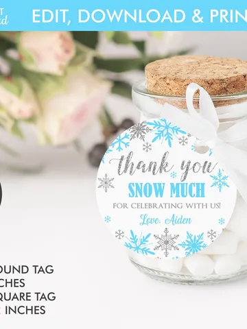 Winter Onederland Favor Tags, Thank You Tags, Snowflakes Gift Tags Winter Onederland Birthday Boy Decorations Blue Silver Editable Template