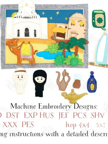 Arabian Nights ITH Play Set Embroidery Design, Desert Oasis Quiet Book Page, Camel Finger Puppets, Middle East Educational Toy $25.00