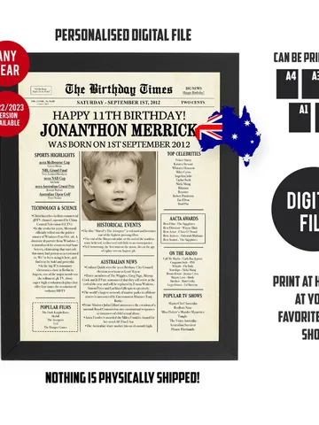 11th Birthday Newspaper with Aussie facts, 2012 Personalized Printable poster, 2012 poster, 11th Birthday Decoration Back in 2012 PRINTABLE $14.00