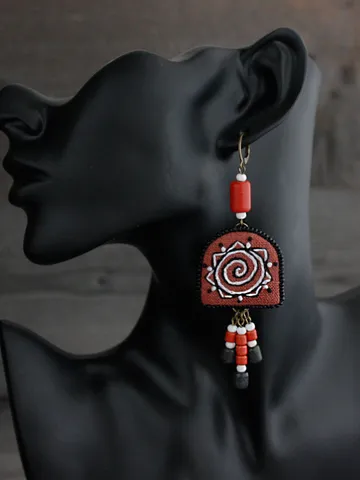 Long Ukraine folk solar earrings in boho style Slavic pagan folk sienna jewelry Black and earthy orange earrings halfcircle ceramic beads $42.00