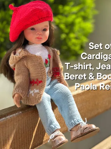 5 ITEMS Set: Cardigan, T-Shirt, Beret, Jeans, Shoes - Exclusive Handmade Outfit - Paola Reina Doll $67.27