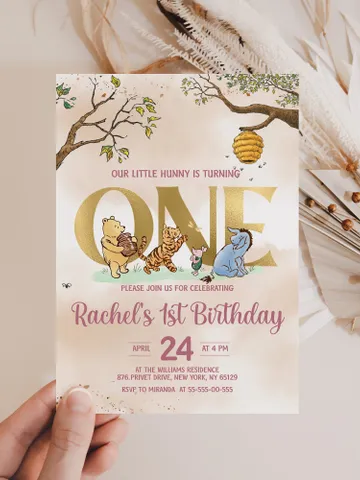 Classic Winnie Pooh Baby Birthday Invitation; Winnie Pooh Baby Birthday ; Greenery Baby Birthday; Honey Bear Birthday; Winnie Pooh wp $12.78