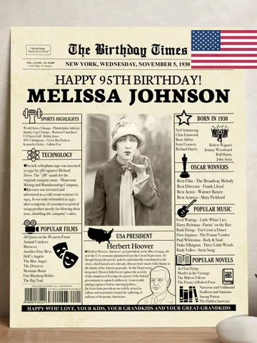 Personalized 95th Birthday Gift, 1930 Newspaper Poster, Vintage 95th Birthday Sign, Gift for Men or Women, 95th Birthday Decorations - USA $15.00