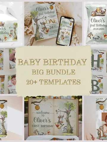 DIY Winnie Pooh Birthday Bundle; Editable 1st Birthday Party Template; Winnie the Pooh Birthday Party; Hundred Acre Wood Birthday Party; wp2 $46.00