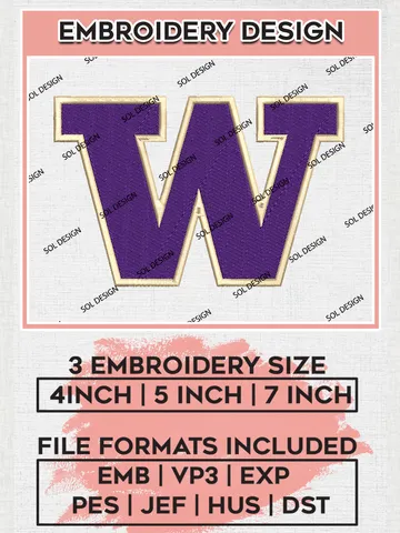 Washington Huskies Logo Machine Embroidery Design, NCAA Washington Huskies Embroidery Design Design files, NCAA Embroidery Designs, NCAA Machine Embroidery Designs, Digital Download $6.99