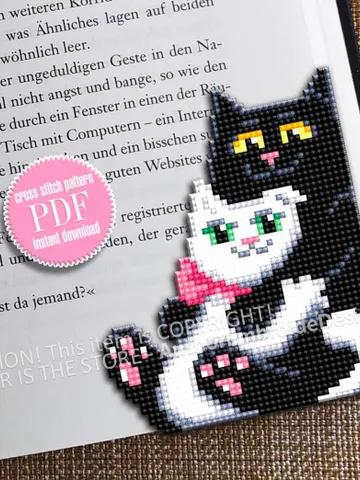 Сat couple Corner bookmark cross stitch pattern PDF download Сats in love cross stitch chart, Cat bookmark digital PDF, Valentine gift #B394 $4.10