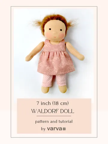 DIY Waldorf classic doll 7 inch (18 cm) tall. PDF sewing pattern and tutorial. Patterns of doll clothes as bonus!
