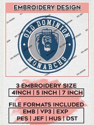 NCAA Old Dominion Monarchs Round Logo Embroidery, NCAA Old Dominion Monarchs Logo Embroidery files, NCAA Teams, Machine embroidery designs, Digital Download $6.99