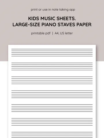 Kids printable sheet music. Blank sheet music printable. Piano staff paper. Blank music paper. Learn piano. $1.00