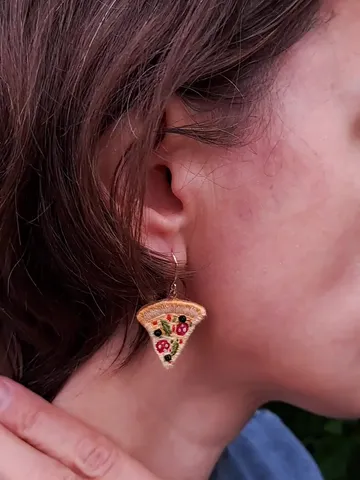 Hand-Embroidered Pepperoni Pizza Slice Earrings: Quirky Gold-Tone Jewelry