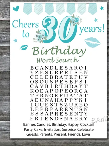 30th Birthday Word Search Game,Adult Birthday party game-fun games for her-Instant download $1.50