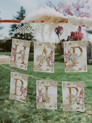 Editable and Printable Happy Birthday Garland for 1st Baby Birthday party in Peter Rabbit style instant download and unlimited access pr777