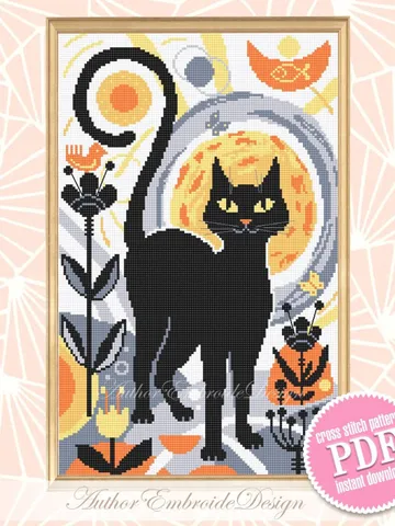 Boho cat cross stitch pattern PDF download Boho cross stitch chart, Abstract pattern digital PDF, Black cat embroidery, Boho wall decor #K22 $4.80