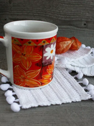 White hygge coasters with pom poms Minimalist square mug rugs Scandinavian Christmas mini doilies 4 inches Handmade winter cozy table decor