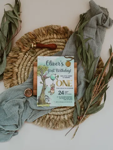 Classic Winnie Pooh Baby Birthday Invitation; Winnie Pooh Baby Birthday ; Greenery Baby Birthday; Honey Bear Birthday; Winnie Pooh wp5 $12.78