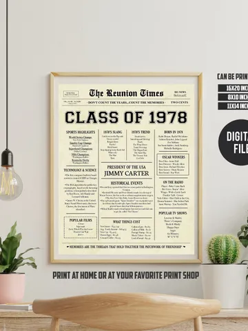 Class of 1978 NEWSPAPER Poster - 1978 Class Reunion - High School Reunion Sign - 1978 Facts for Class Reunion - INSTANT DOWNLOAD $6.50