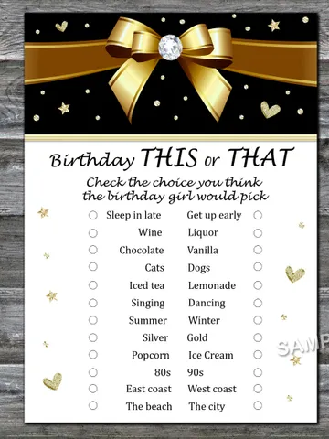 Golden bow Birthday This or that game,Adult Birthday party game-fun games for her-Instant download $1.75