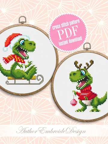 Funny dinosaur christmas cross stitch pattern PDF download, Set of 2 small dinosaur cross stitch chart, Cute dino pattern digital PDF #N116 $5.50