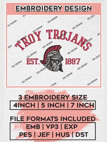 Troy Trojans Est 1887 Logo Embroidery Designs, NCAA Troy Trojans Team Embroidery, NCAA Team Logo, 3 sizes, Machine embroidery Files, Digital Download $6.99