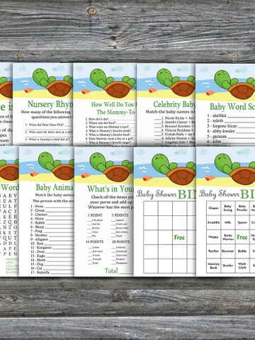 Cute Turtle baby shower games bundle,Turtle Baby Shower games package,Fun Baby Shower Games,9 Printable Games-334 $5.95