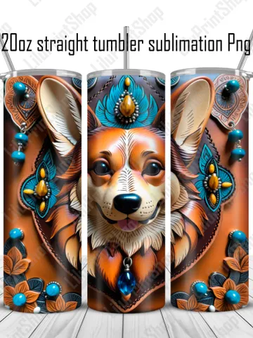 Corgi tumbler sublimation PNG, 3d Dog tumbler wrap , Tooled leather Tumbler designs for 20oz skinny straight tumbler Instant download $2.98
