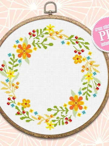 Flower wreath cross stitch pattern PDF download Floral frame cross stitch chart, Flower border hand embroidery, Flowers hoop art design #Y4 $4.10
