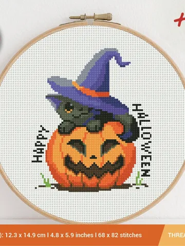 Happy Halloween Cat Pumpkin Witch Hat Cross stitch pattern Embroidery Pattern Instant Download Cross Stitch Patterns Embroidery Designs $4.74
