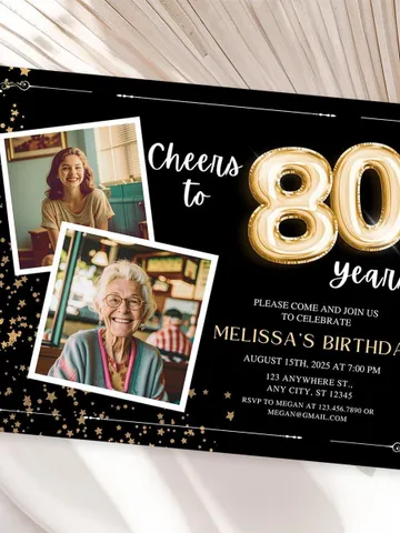 80th Birthday Invitation with Photo Adult Women's Cheers to 80th Birthday Invite Black and Gold Party Card for Grandma Canva Template $7.00