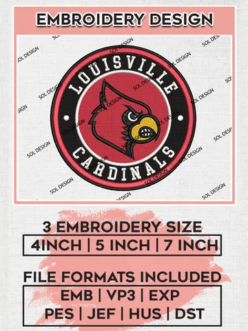 NCAA Louisville Cardinals Round Logo Embroidery, NCAA Louisville Cardinals Embroidery Design files, NCAA Teams, NCAA Machine embroidery designs, Digital Download