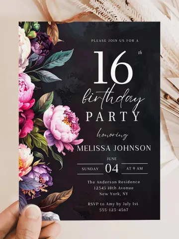 16th Birthday Invitation for girl or boy – Moody Burgundy & Blush Peony Floral Invitation Elegant Dark Birthday Party Invite Canva Template $7.00