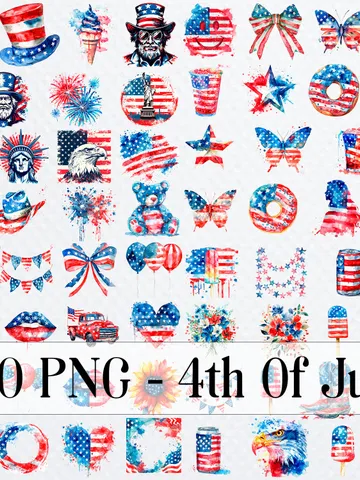 4th Of July Independence USA America Day Watercolor Clipart Bundle of 100 png Transparent Background, PNG for sublimation $3.46