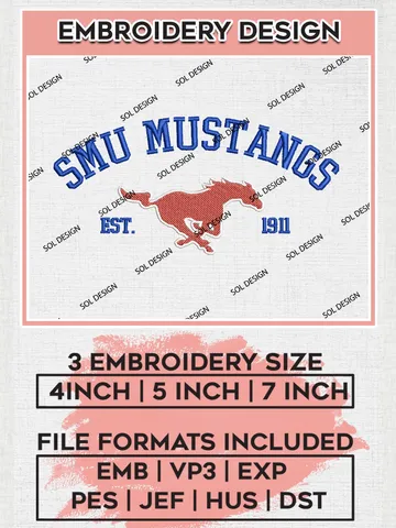 SMU Mustangs Est 1911 Logo Embroidery Designs, NCAA SMU Mustangs Team Embroidery, NCAA Team Logo, 3 sizes, Machine embroidery Files, Digital Download $6.99