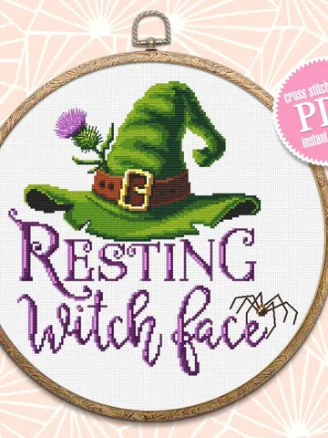 Resting witch face cross stitch pattern download PDF, Halloween witch cross stitch chart, Cute Halloween pattern digital PDF Home decor #H46 $4.60