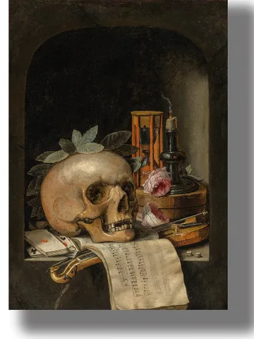 Gloomy Still Life. Skull, hourglass, extinguished candle and other symbols of futility. $21.00