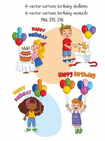 Vector set with cartoon birthday characters