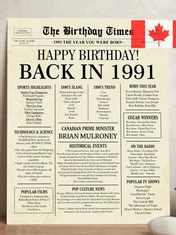 Back in 1991 CANADA | 34th Birthday Newspaper Sign Canadian | 1991 Birthday Poster | 34th Birthday Gift | 34 years ago back in 1991 $7.00